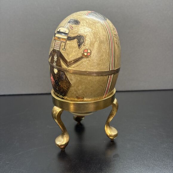 Enameled Cloisonne Brass Egg Trinket Box with Brass Stand - Picture 3 of 12